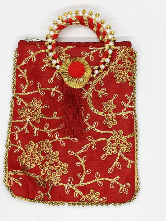 Fancy Potli Bag - 8 x 6 inch - 5 Pieces , Red, Design -3
