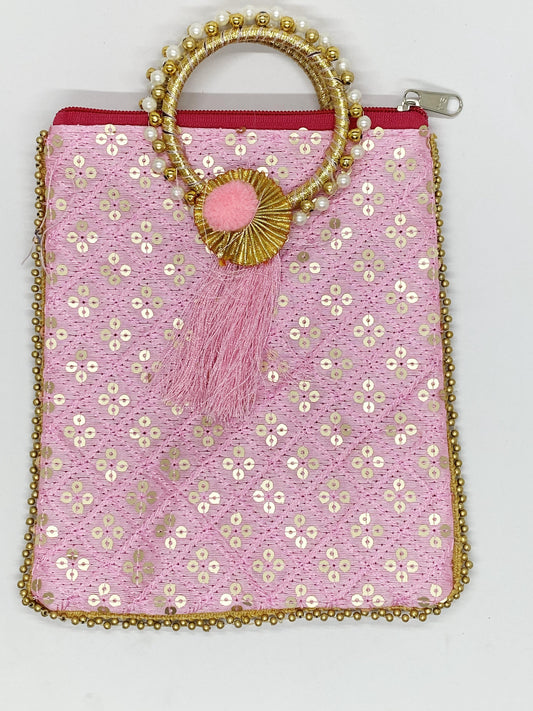 Fancy Potli Bag - 8 x 6 inch - 5 Pieces , Light Pink , Design -7