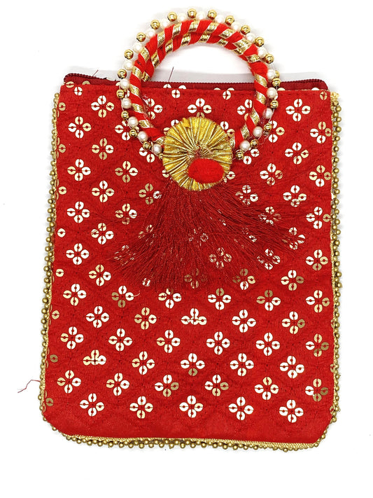 Fancy Potli Bag - 8 x 6 inch - 5 Pieces , Red , Design -8