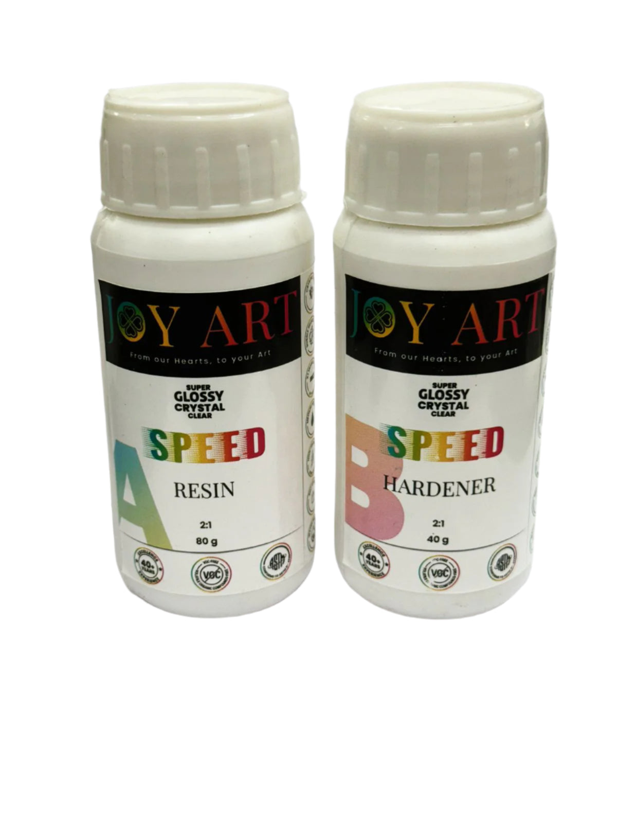 Two bottles labeled 'Joy Art Speed Resin Hardener' and 'Joy Art Speed Resin', indicating a 2:1 mixing ratio for resin and hardener, respectively.