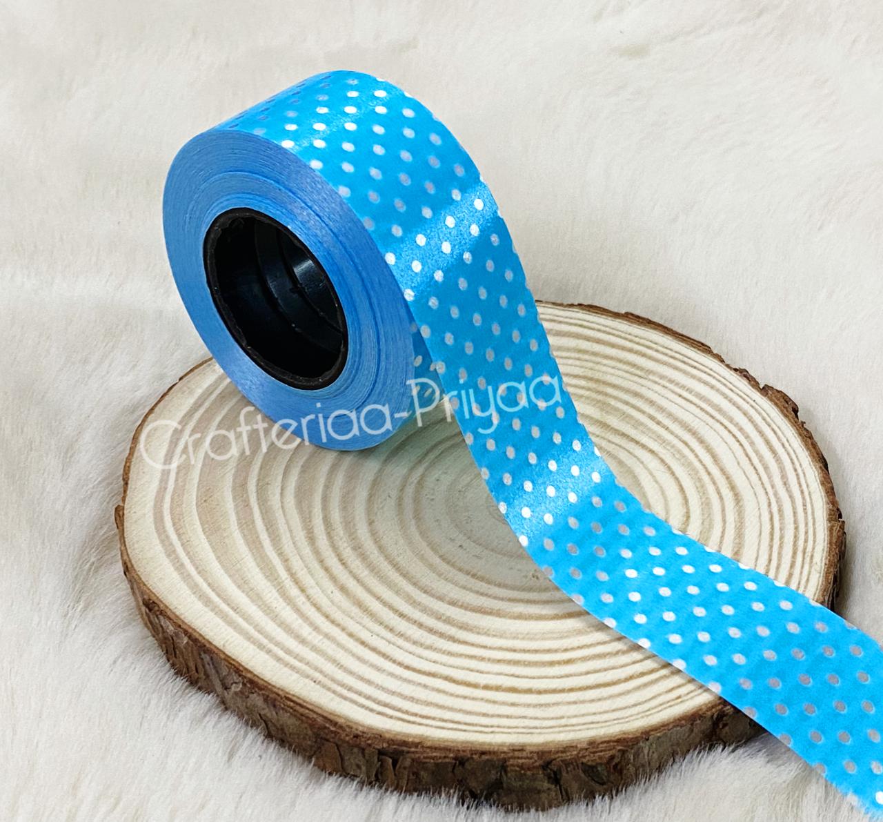 Polka Printed Ribbon- Light Blue- 14 metres approx