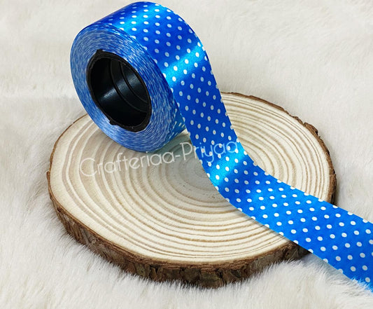 Polka Printed Ribbon- Blue- 14 metres approx