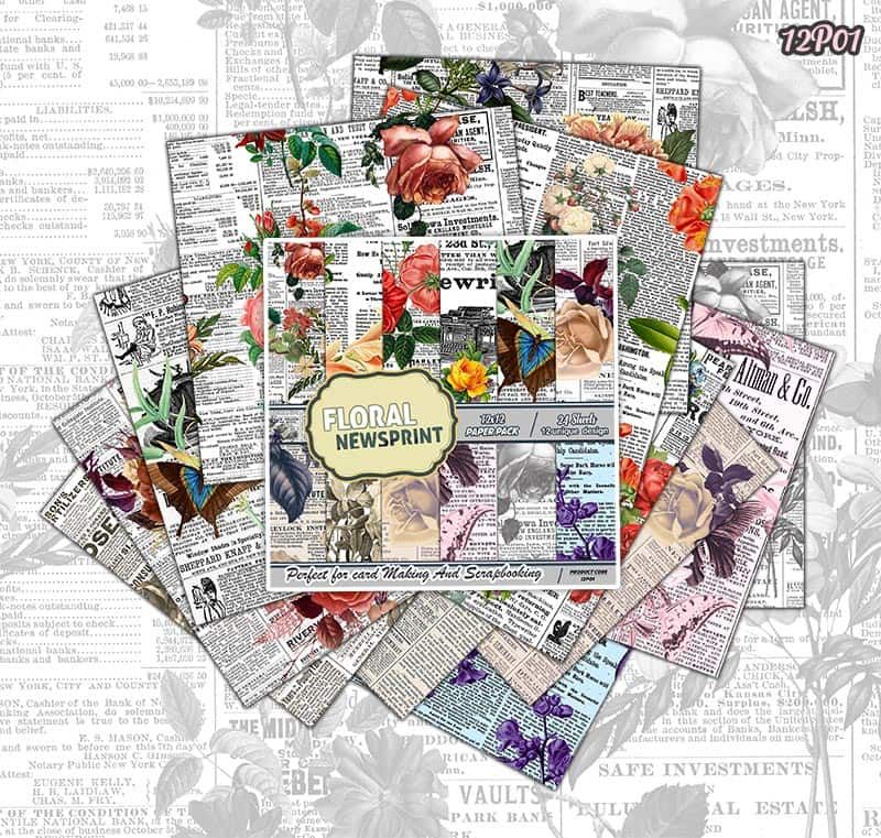 Floral Newsprint Paperpack - 12 x 12 inch