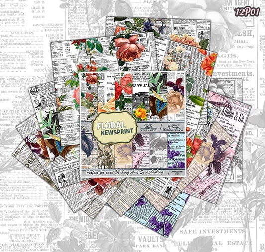 Floral Newsprint Paperpack - 12 x 12 inch