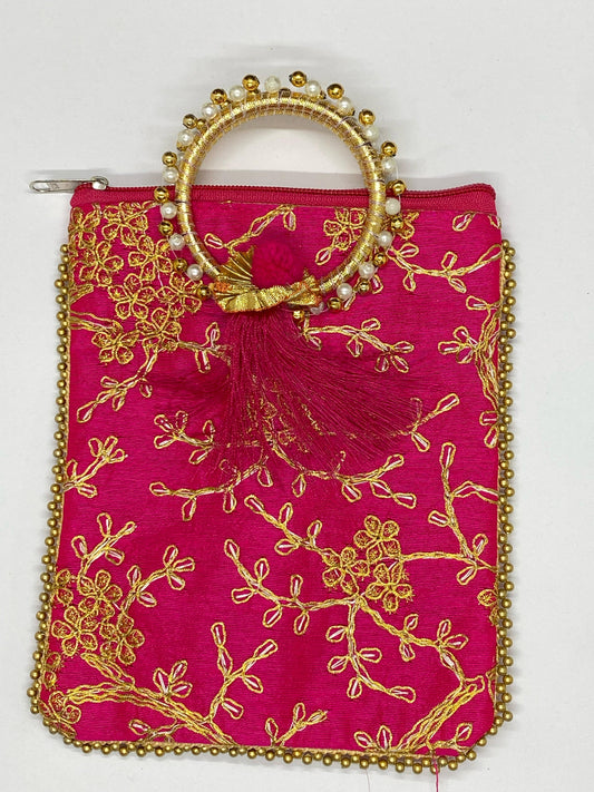 Fancy Potli Bag - 8 x 6 inch  - 5 Pieces , Rani Pink, Design -1