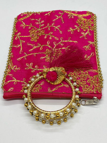 Fancy Potli Bag - 8 x 6 inch  - 5 Pieces , Rani Pink, Design -1