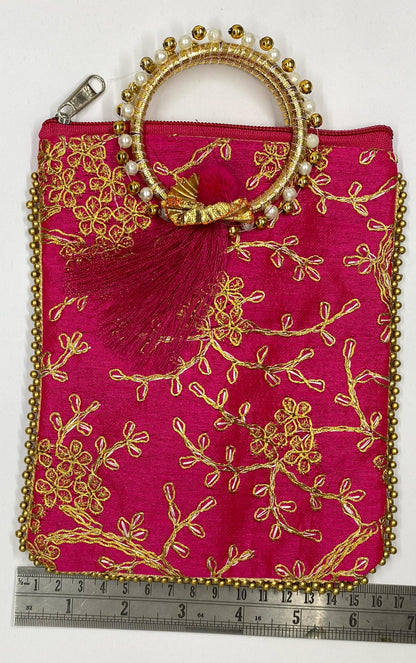 Fancy Potli Bag - 8 x 6 inch  - 5 Pieces , Rani Pink, Design -1
