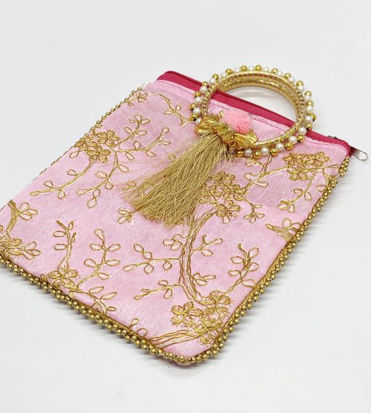 Fancy Potli Bag - 8 x 6 inch  - 5 Pieces , Light Pink, Design -2