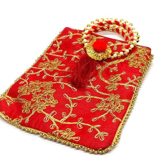 Fancy Potli Bag - 8 x 6 inch  - 5 Pieces , Red, Design -3