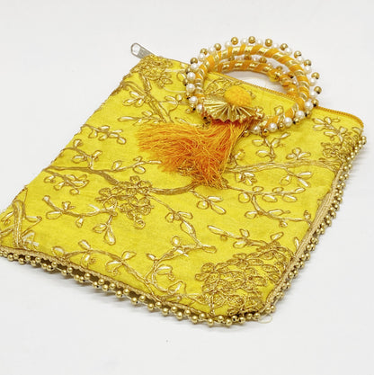Fancy Potli Bag - 8 x 6 inch  - 5 Pieces , Yellow,  Design -4