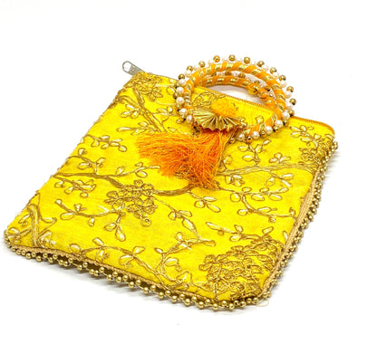 Fancy Potli Bag - 8 x 6 inch  - 5 Pieces , Yellow,  Design -4