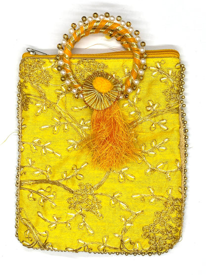 Fancy Potli Bag - 8 x 6 inch  - 5 Pieces , Yellow,  Design -4