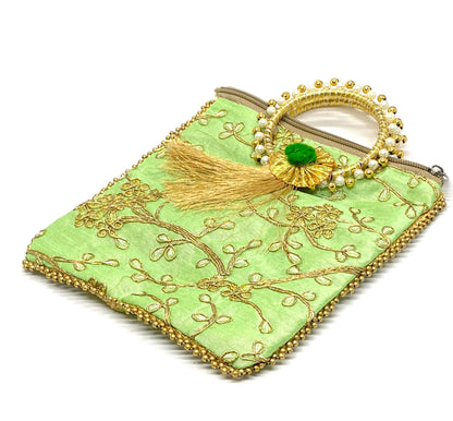 Fancy Potli Bag - 8 x 6 inch  - 5 Pieces , Green,  Design -5