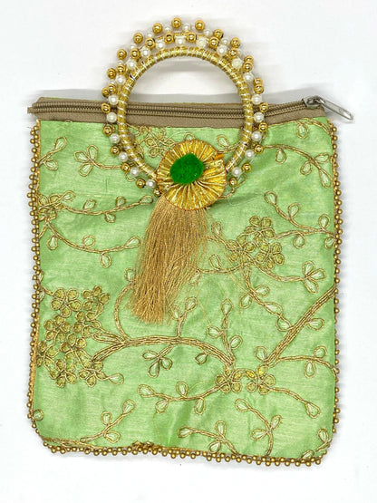 Fancy Potli Bag - 8 x 6 inch  - 5 Pieces , Green,  Design -5