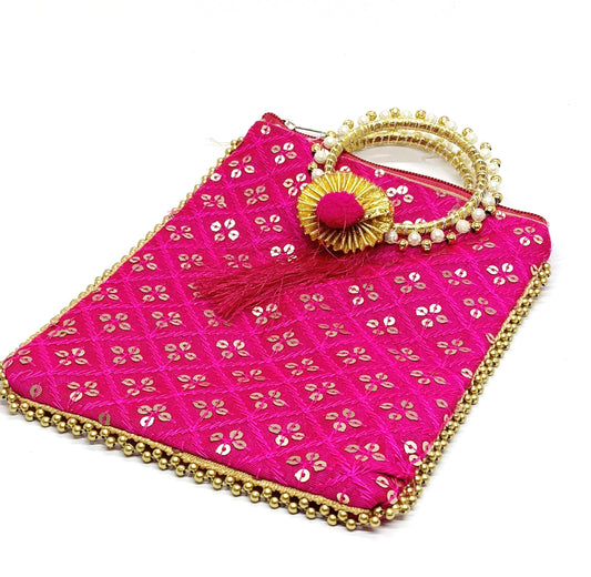 Fancy Potli Bag - 8 x 6 inch - 5 Pieces , Rani Pink , Design -6