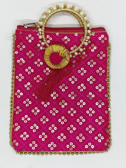 Fancy Potli Bag - 8 x 6 inch - 5 Pieces , Rani Pink , Design -6