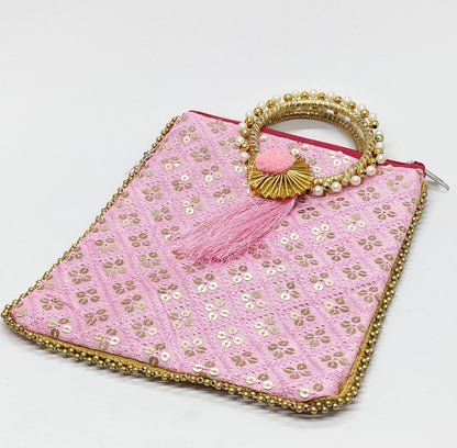 Fancy Potli Bag - 8 x 6 inch - 5 Pieces , Light Pink , Design -7