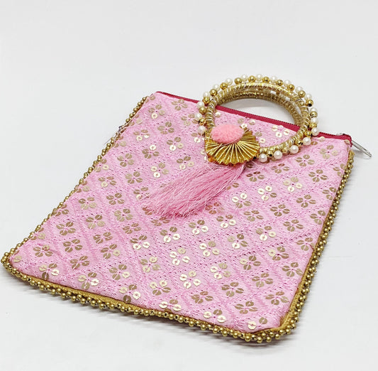 Fancy Potli Bag - 8 x 6 inch - 5 Pieces , Light Pink , Design -7