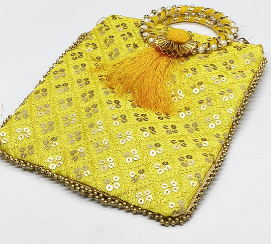 Fancy Potli Bag - 8 x 6 inch - 5 Pieces , Yellow, Design -9