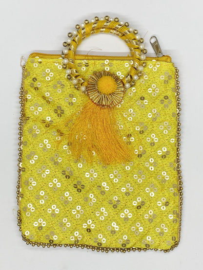 Fancy Potli Bag - 8 x 6 inch - 5 Pieces , Yellow, Design -9