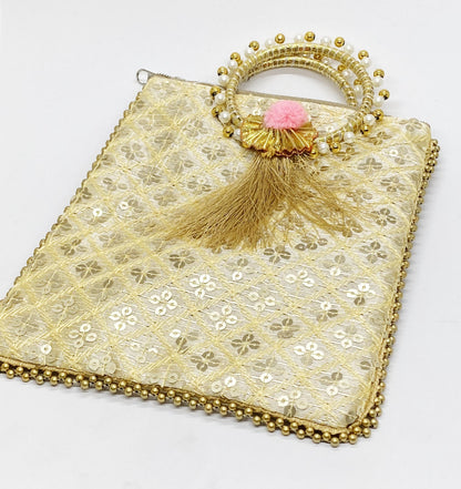 Fancy Potli Bag - 8 x 6 inch - 5 Pieces , Golden, Design -10
