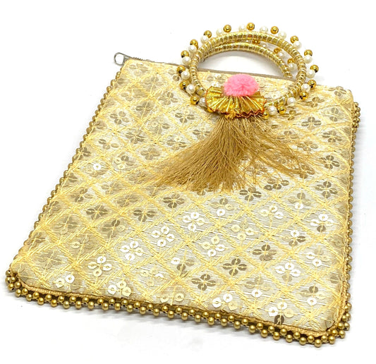Fancy Potli Bag - 8 x 6 inch - 5 Pieces , Golden, Design -10
