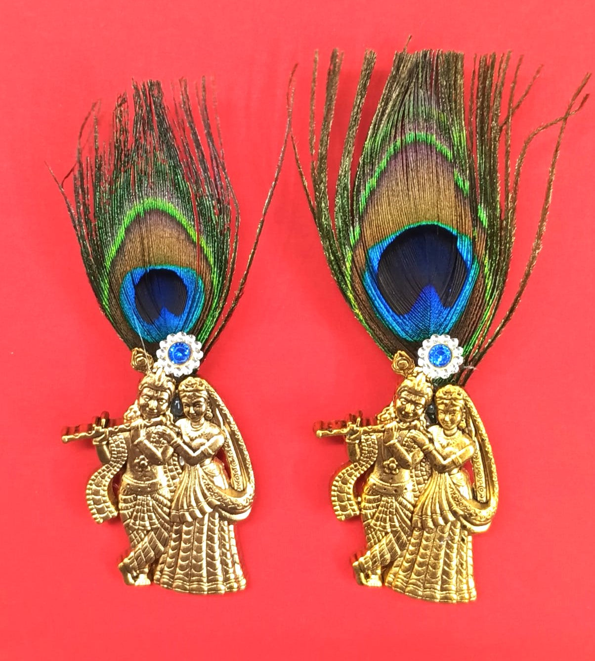 Peacock Feather with Radhakrishna Brooch - 2 piece