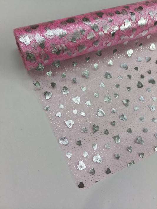 Dot And Heart Pattern - Net Roll - Pink - 4.5 mtr