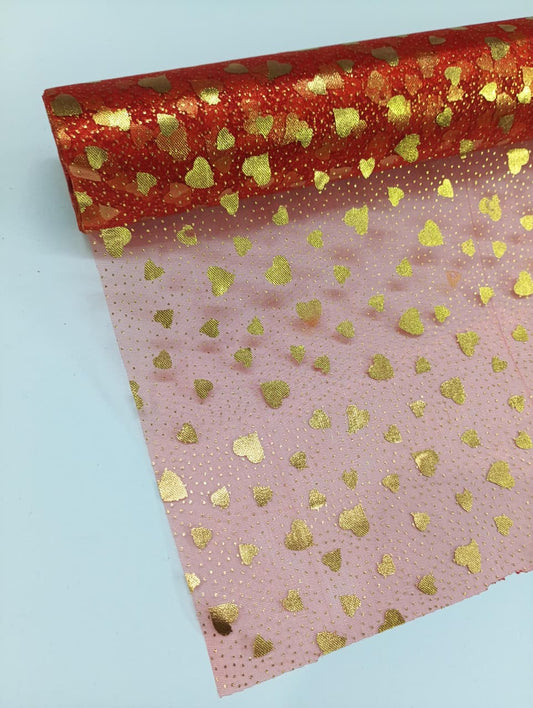 Dot And Heart Pattern - Net Roll - Red - 4.5 mtr