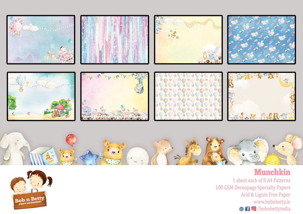 Munchkin Decoupage Paper- A4 Size- 8 sheets